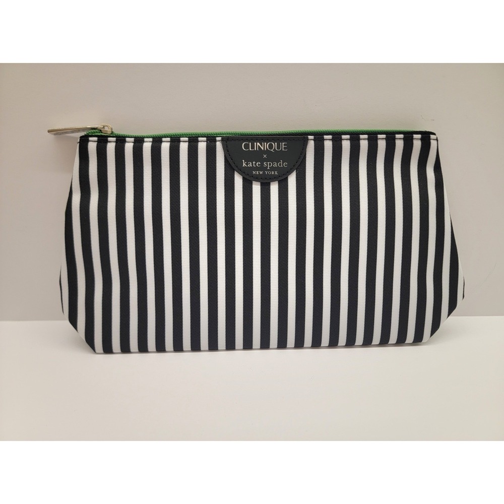 Clinique Kate Spade Makeup Cosmetic Bag Black Green Striped Gift Travel NEW